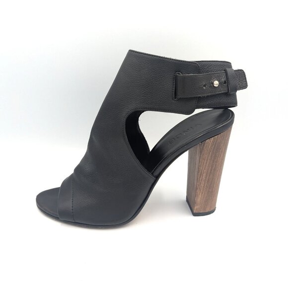 Vince Wooden Block Peep Toe Heels Ankle Slingback Pumps Size 8.5 M Leather Black - Picture 1 of 8
